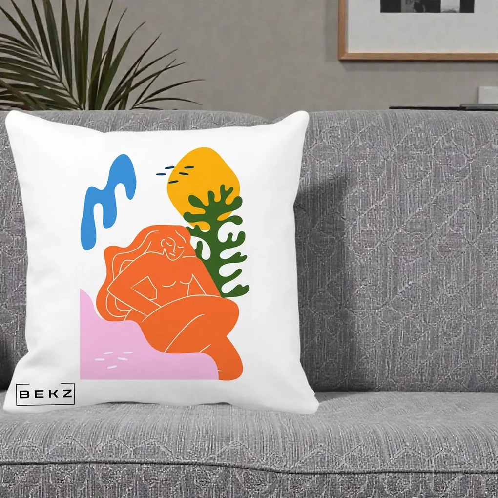 Perna Decorativa Femeie Portocalie Relaxata, 40x40 cm, Alba Mata, Husa Detasabila, Perna Inclusa, BEKZ®
