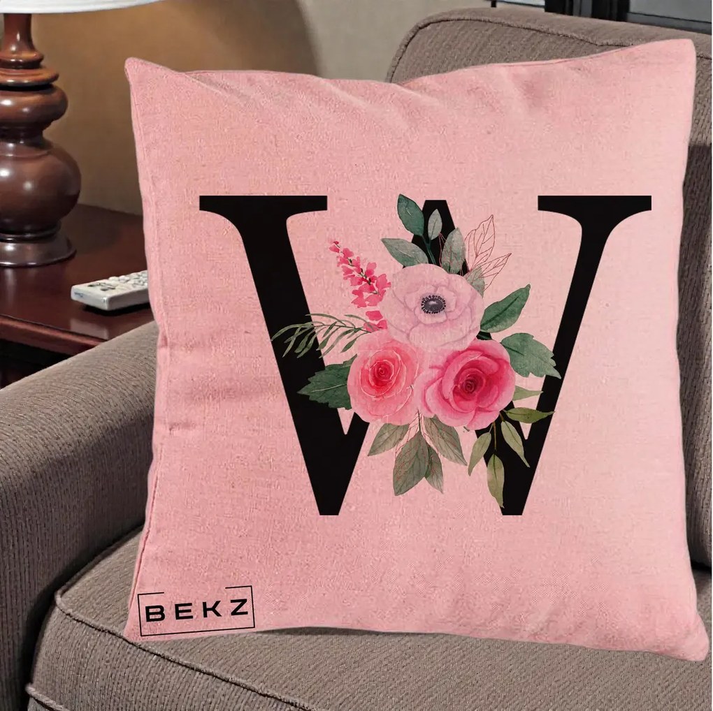 Cadou Personalizat - Perna Personalizata Monograma Florala Litera W cu Trandafiri si Anemona, 40x40 cm, Roz, Husa Detasabila, Perna Inclusa, BEKZ®