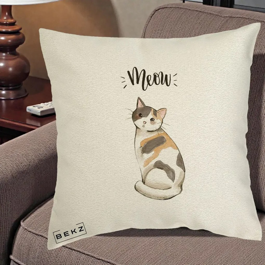 Perna Personalizata Pisica Meow Acuarela, 40x40 cm, Ecru, Husa Detasabila, Perna Inclusa, BEKZ®