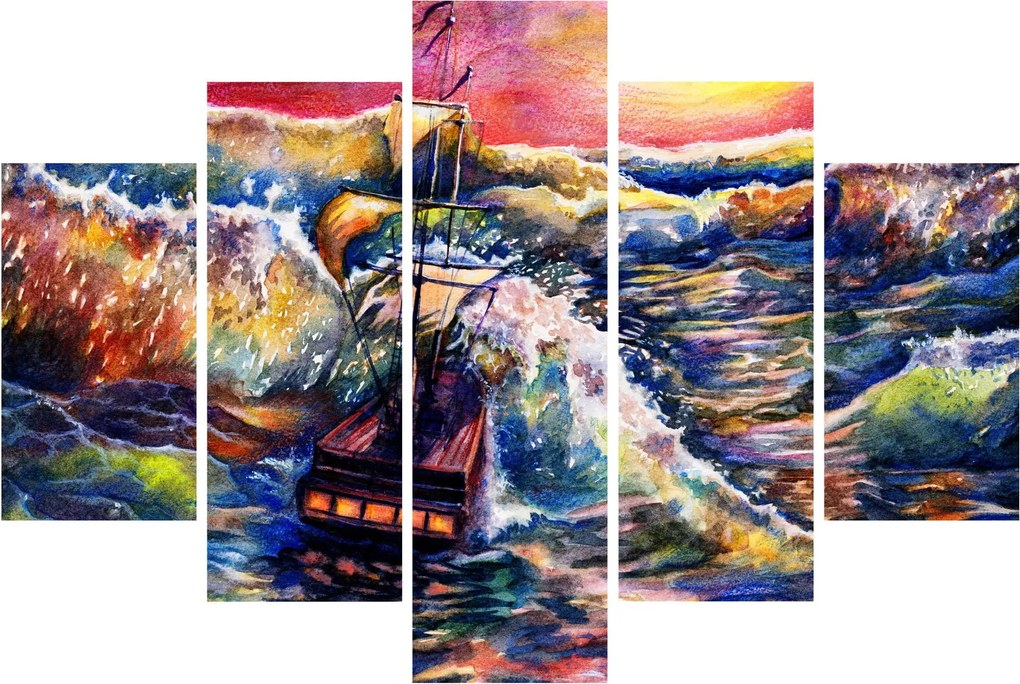 Tablou - Navă pe valurile oceanului, aquarelă (150x105 cm)
