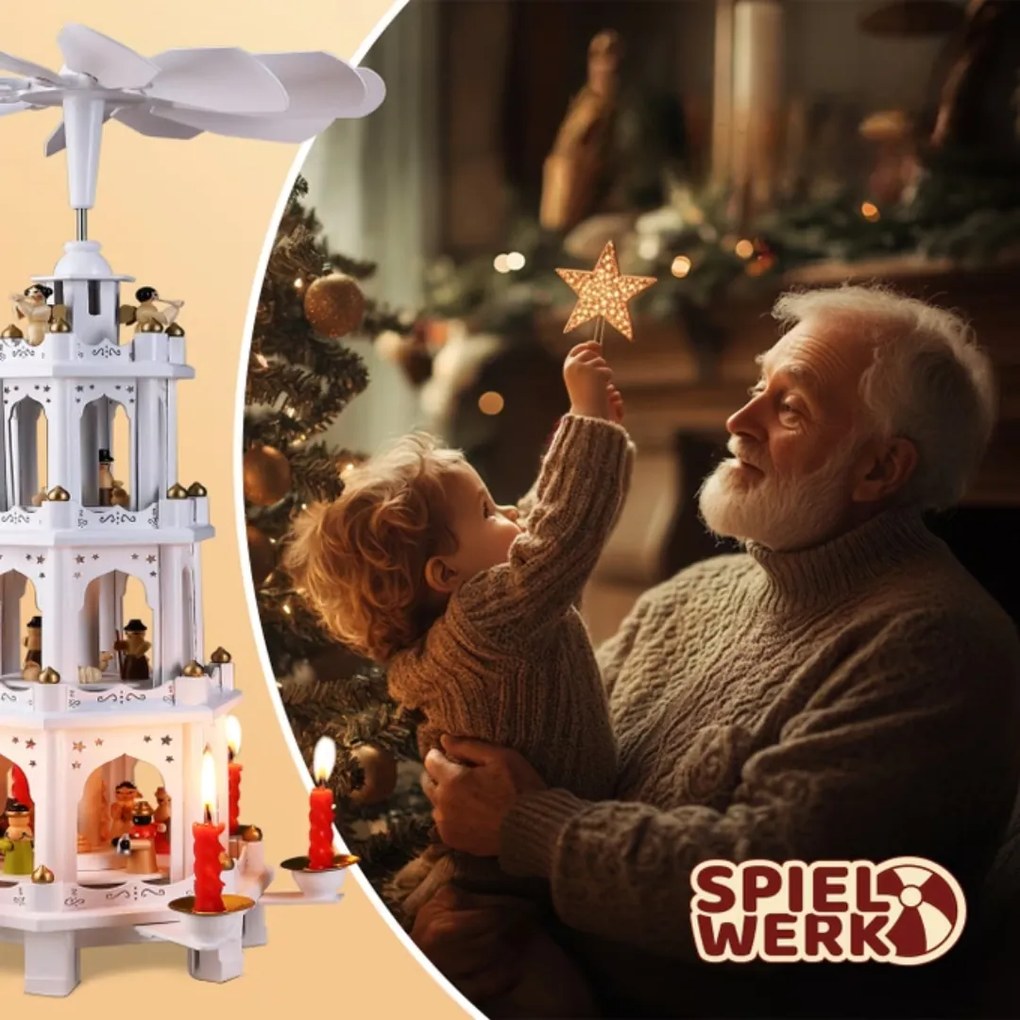 Piramidă de Crăciun MERRY, 60x20x20cm, albă Spielwerk