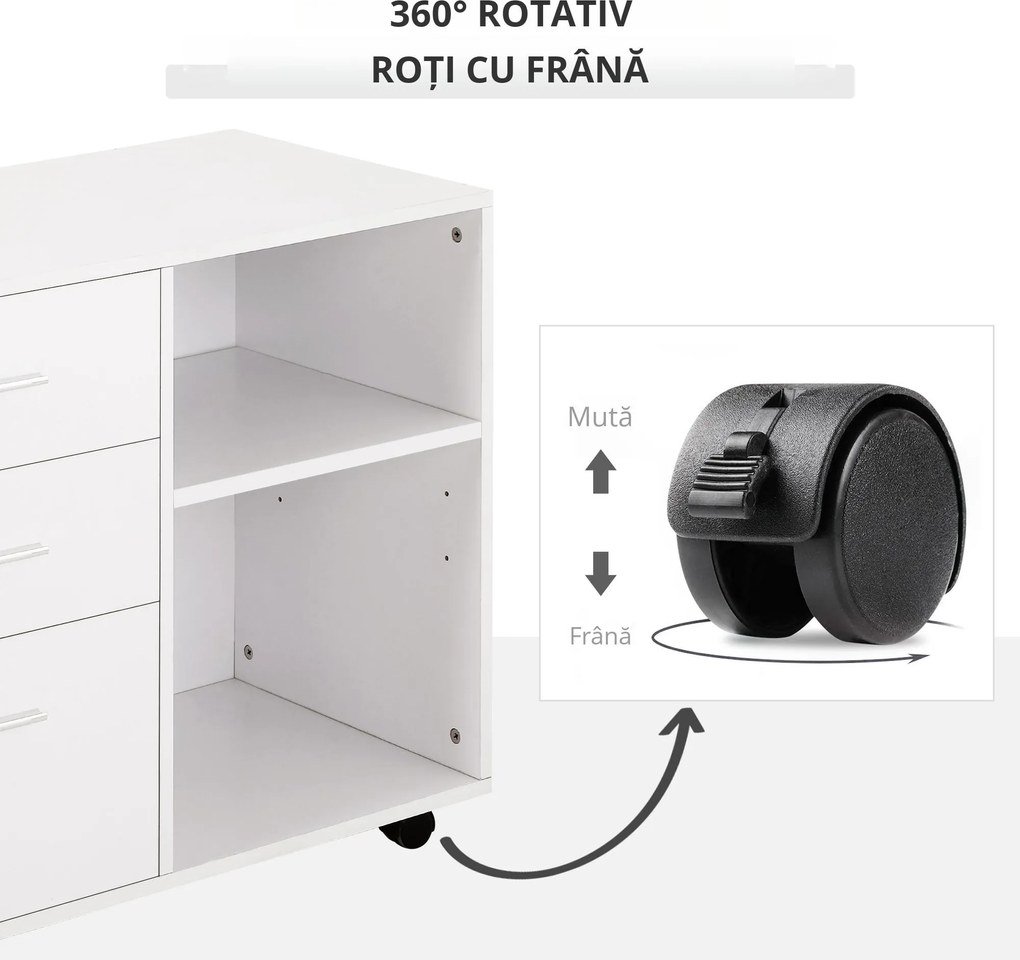 HOMCOM Mobilier Multifuncțional pentru Imprimantă cu 3 Sertare, Birou pe Roti, 80x40x65cm, Spațiu de Depozitare, Alb | Aosom Romania