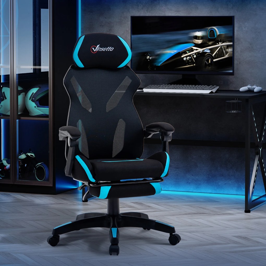 Vinsetto Scaun Gaming cu Suport Lombar, Scaun Birou Ergonomic cu Inălțime Reglabilă din Țesătură, 65x65x119-129 cm, Negru și Albastru | Aosom Romania