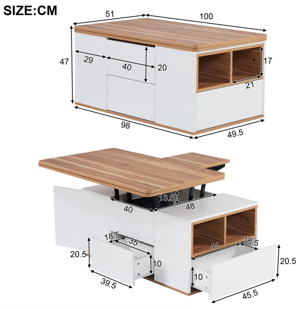 Măsuță de Cafea Multifuncțională Reglabilă pe Înălțime cu Dublă Tablă Extensibilă, Capacitate Mare de Depozitare, 100x51x47 cm, Albă