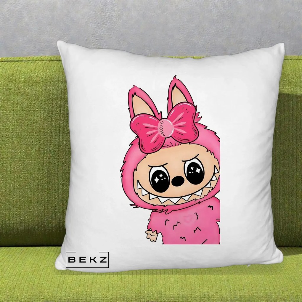 Perna Personalizata Labubu Roz cu Funda, 40x40 cm, Alb Pufos, Husa Detasabila, Perna Inclusa, BEKZ®