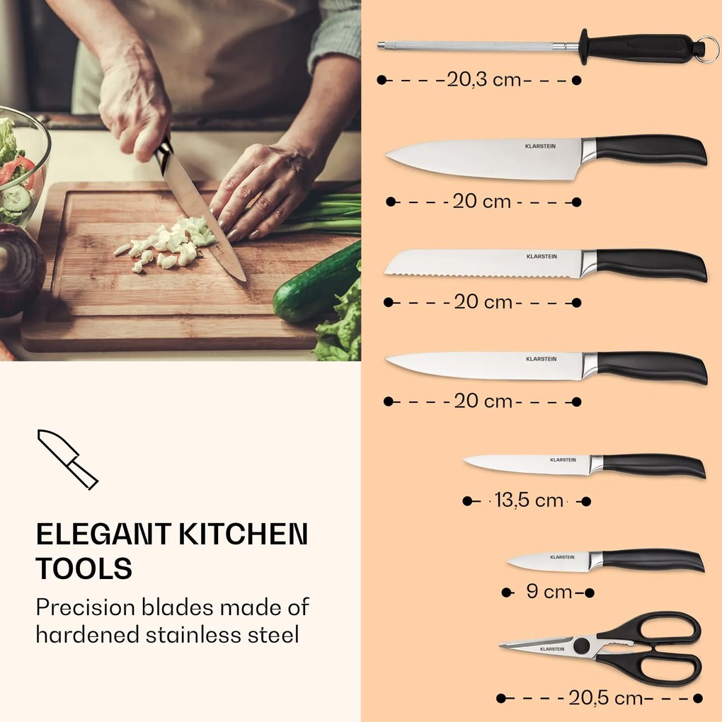 Katsu, set de cuțite din 8 piese, 5 cuțite, 1 pilă de cuțite, 1 foarfecă universală, suport pentru iPad