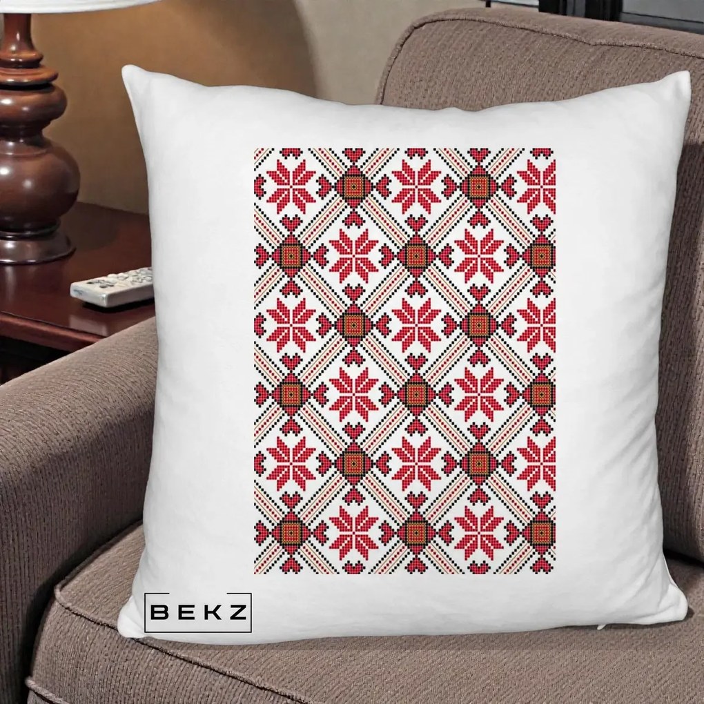 Perna Personalizata Motiv Traditional Ie Romaneasca Rosu, 40x40 cm, Alb Pufos, Husa Detasabila, Perna Inclusa, BEKZ®