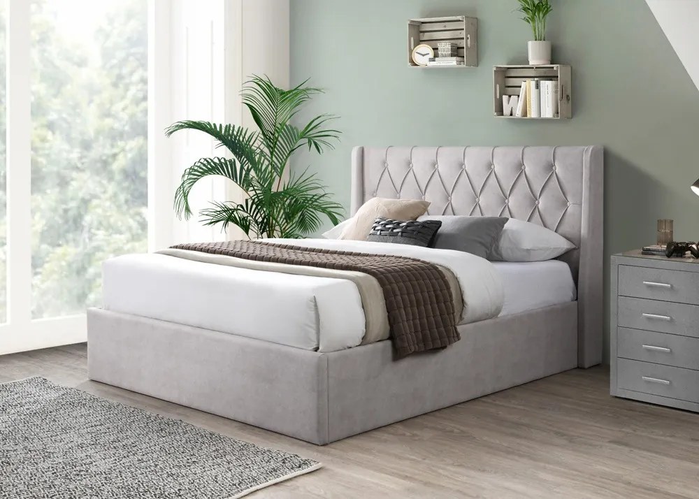 Pat tapitat Prestige 1, 180x200, cu somiera metalica rabatabila si spatiu de depozitare, culoare Crem