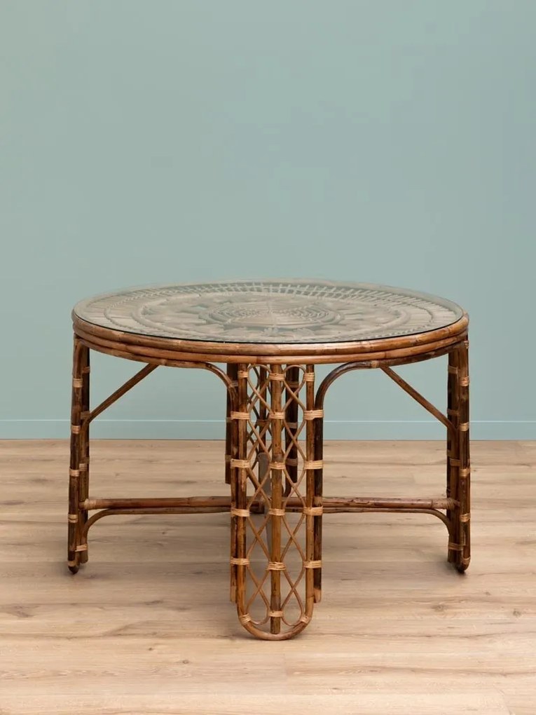 Set dining din ratan împletit manual, maro, masă rotundă cu blat din sticlă și 4 scaune, perne din catifea muștar, aspect vintage, 76 x 109 cm,