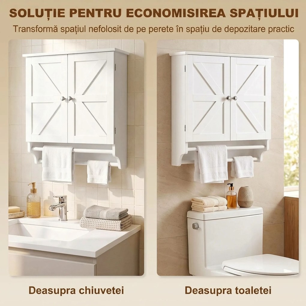 HOMCOM Dulap Suspendat pentru Baie, Economie de Spațiu, cu 2 Uși și Suport pentru Prosoape, Alb | Aosom Romania
