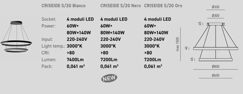Lustra LED circulara cu 2 inele 80/60cm CRISEIDE, alb, negru sau auriu