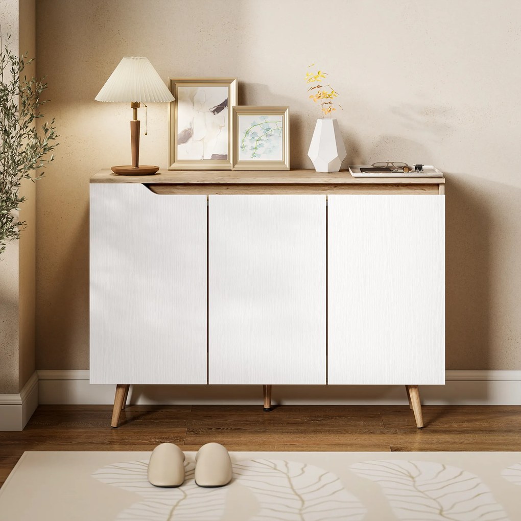 HOMCOM Bufet Bucătărie, Mobilier Bucătărie cu 3 Uși, Rafturi Ajustabile și 5 Picioare din Lemn de Cauciuc, Stil Modern, Bufet pentru Living, Sufragerie, Sală de Masă, Alb și Stejar | Aosom Romania