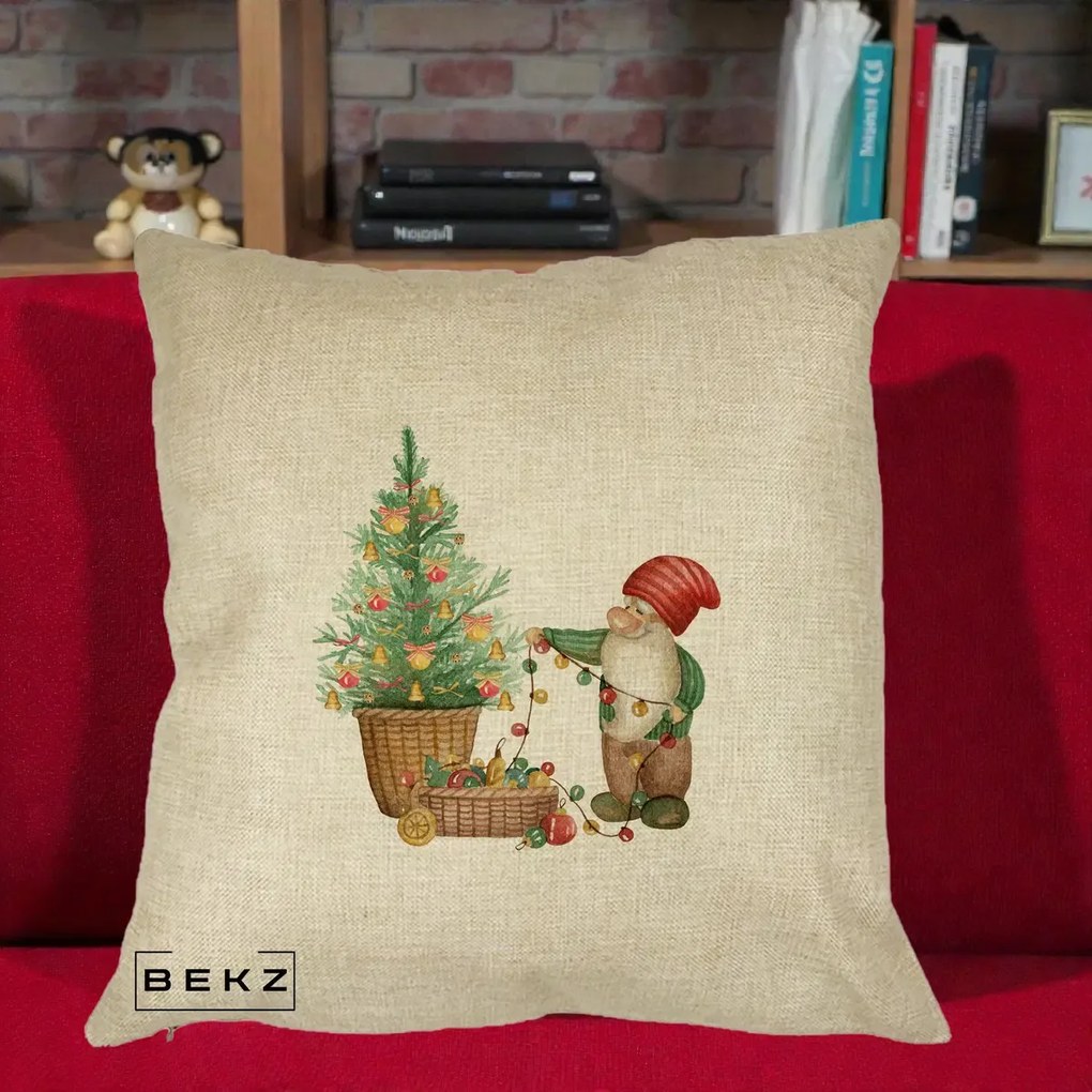 Perna Decorativa Pitic de Craciun cu Brad, 40x40 cm, Crem, Husa Detasabila, Perna Inclusa, BEKZ®