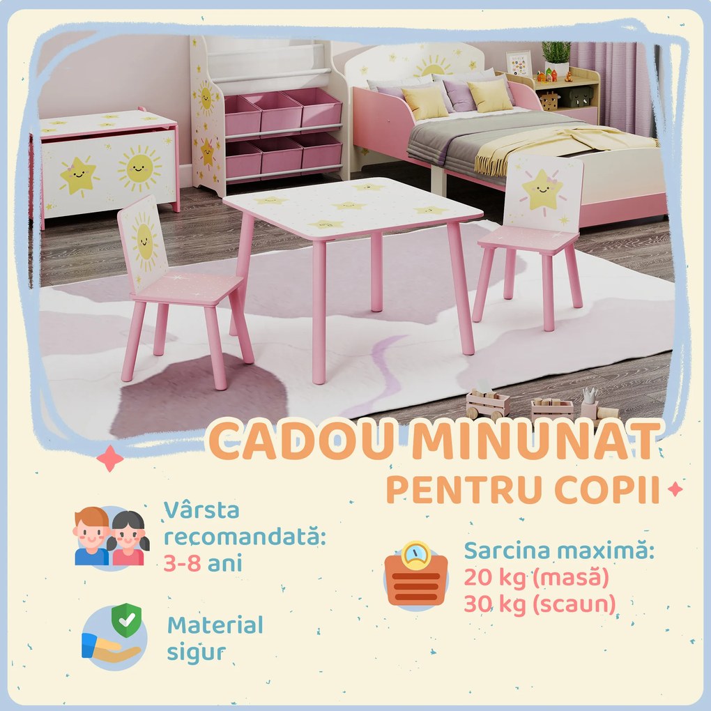 AIYAPLAY Set de 3 piese cu masă și scaune pentru copii, Masă cu 2 scaune pentru dormitor, grădiniță, sală de jocuri, Roz | Aosom Romania