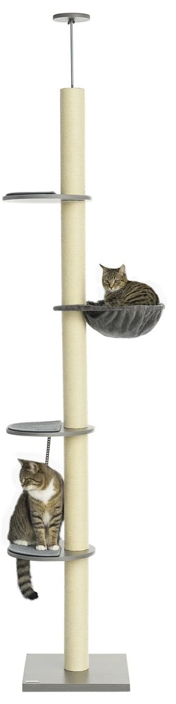 PawHut Zgâriat cu hamac, incl. Tensionare pentru tavan, înălțime totală, 40 cm x 40 cm x 250 cm, Gri + Alb crem | Aosom Romania