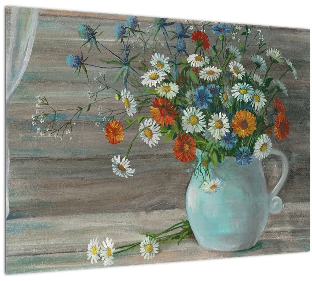 Tablou pe sticlă - Pictură în ulei, flori de câmp (70x50 cm)