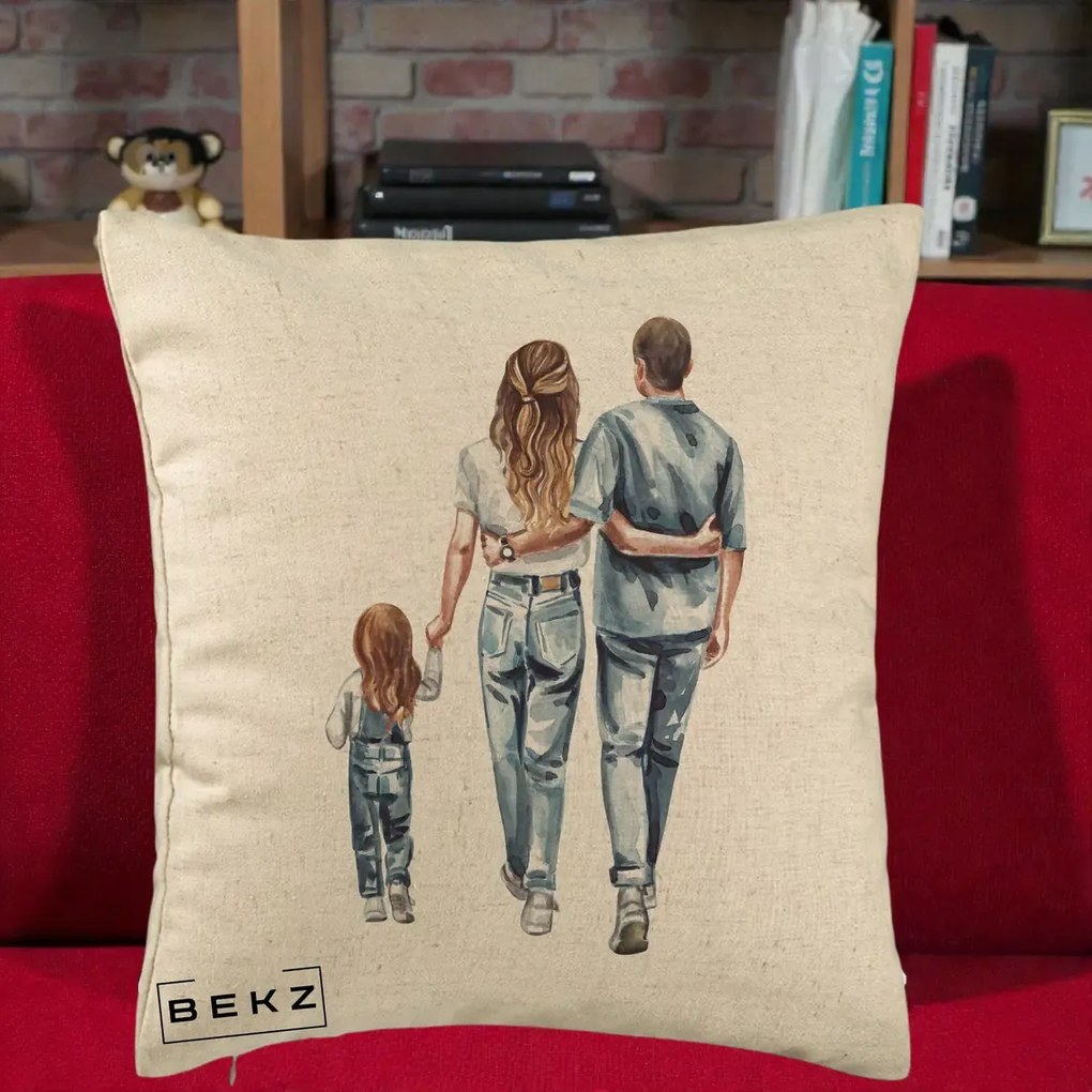 Cadou pentru Familie - Perna Personalizata Familie Acuarela Jeans, 40x40 cm, Bej, Husa Detasabila, Perna Inclusa, BEKZ®