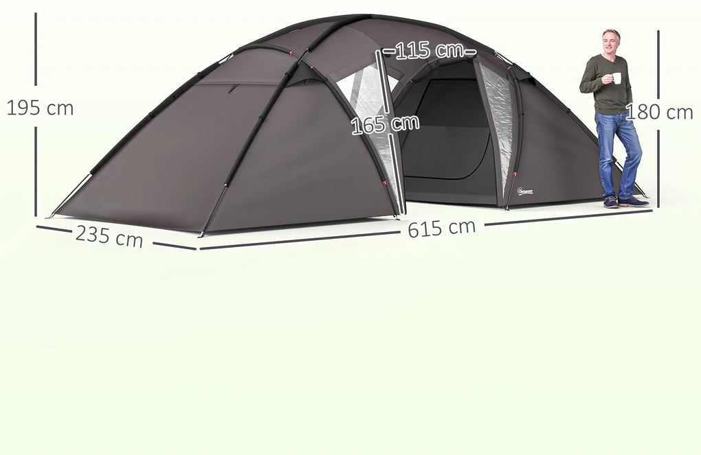 Outsunny Cort de camping familial pentru 4-6 persoane, cort tunel impermeabil 3000 mm cu 2 uși, sac de transport, negru | Aosom Romania