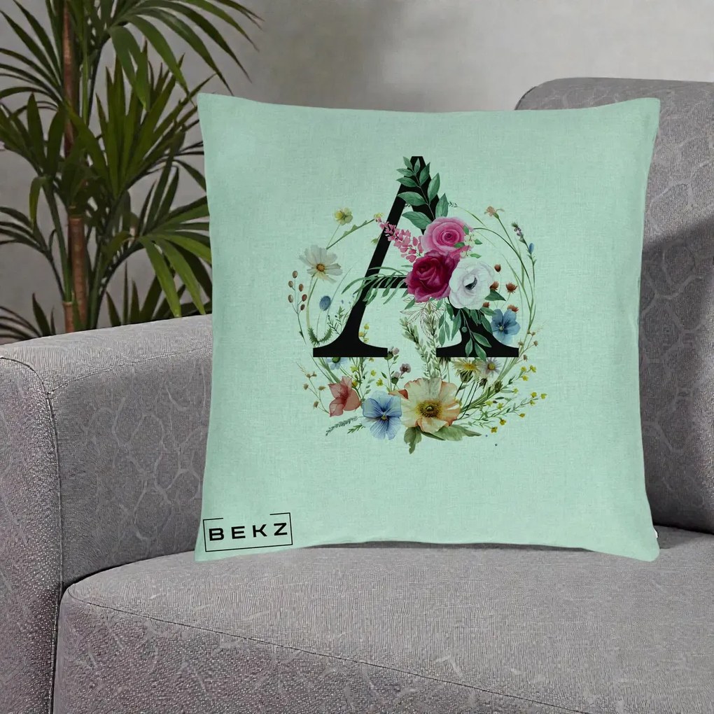 Cadou Personalizat - Perna Personalizata Monogram Litera A cu Flori Acuarela, 40x40 cm, Verde Menta, Husa Detasabila, Perna Inclusa, BEKZ®