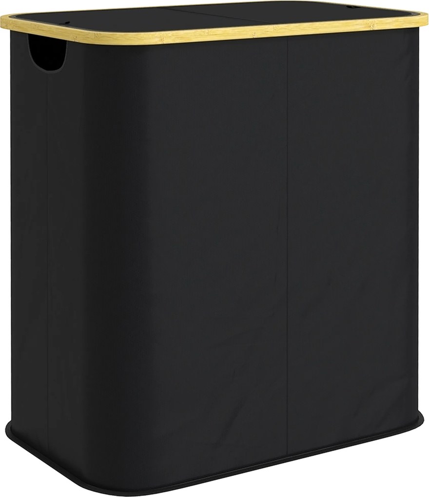 HOMCOM Coș pentru Rufe de 80L cu 2 Secțiuni și Capac din Material Textil și Bambus, 54x34x58,5 cm, Negru | Aosom Romania