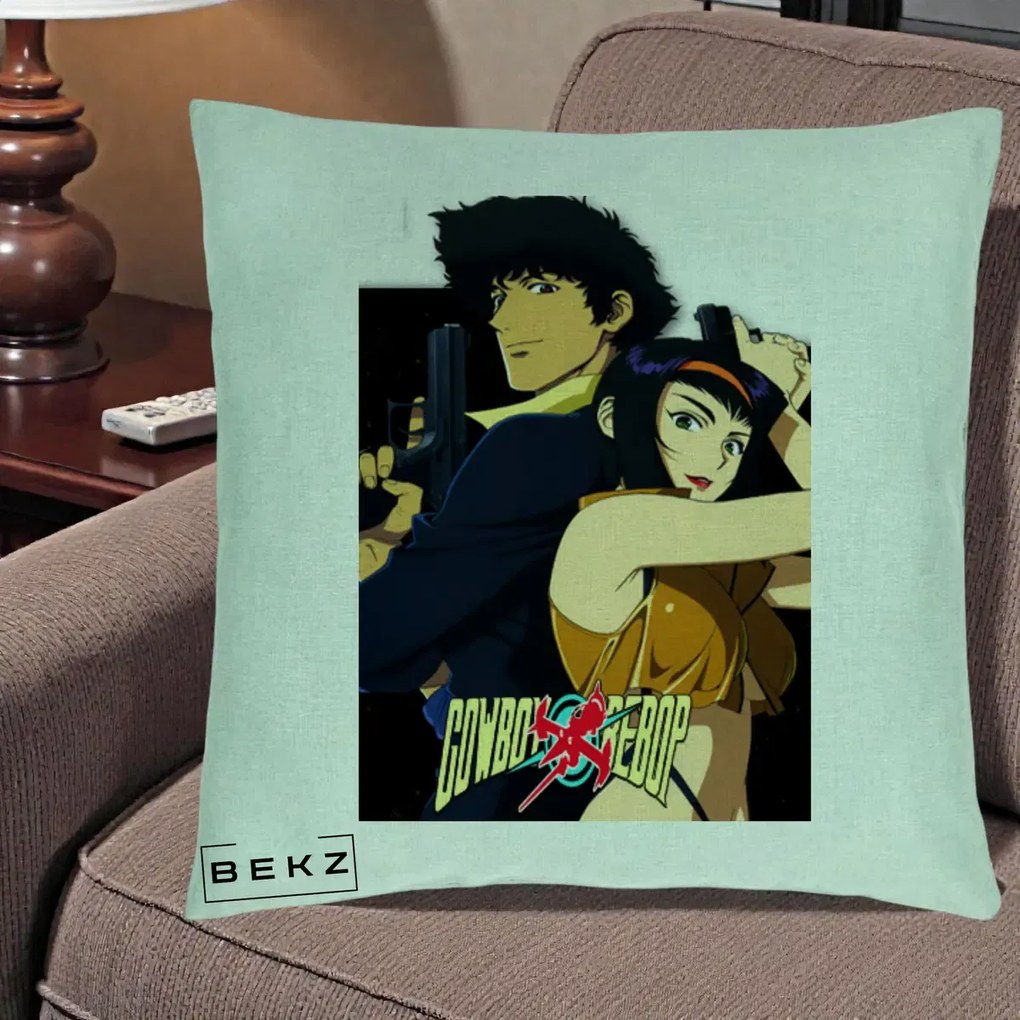 Perna Personalizata Cowboy Bebop Spike si Faye Poster, 40x40 cm, Verde Menta, Husa Detasabila, Perna Inclusa, BEKZ®