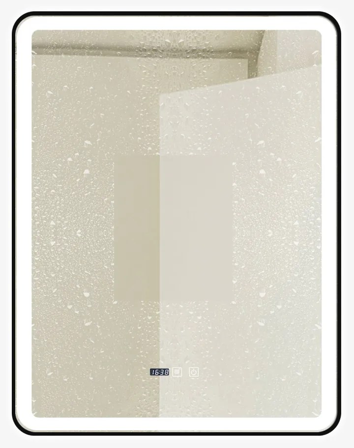 Oglindă Baie LED și Dezaburire Elit's Premium cu Senzor Touch, Lumina Rece, Caldă și Neutră, 70x90cm, cu rama Negru Antichizat, Ceas