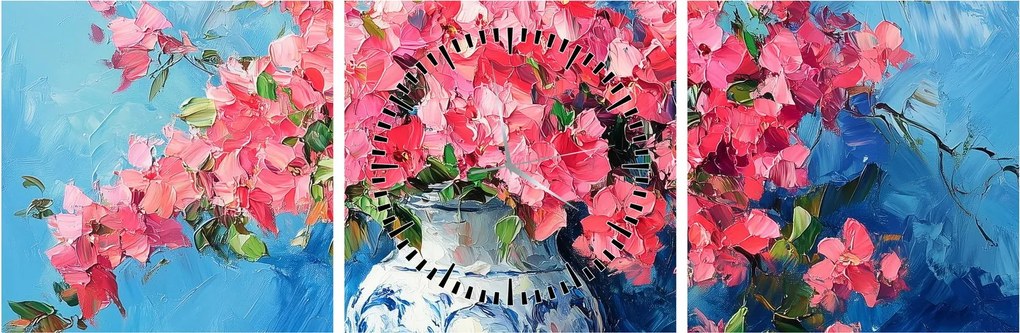 Tablou - Vază cu flori roz (cu ceas) (90x30 cm)