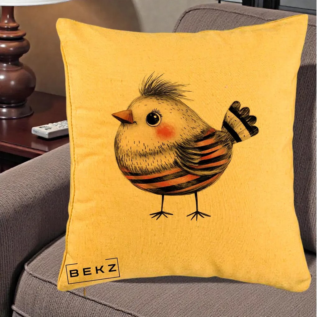 Perna Decorativa Pui Expresiv Dungi Negru-Rosu, 40x40 cm, Galben, Husa Detasabila, Perna Inclusa, BEKZ®