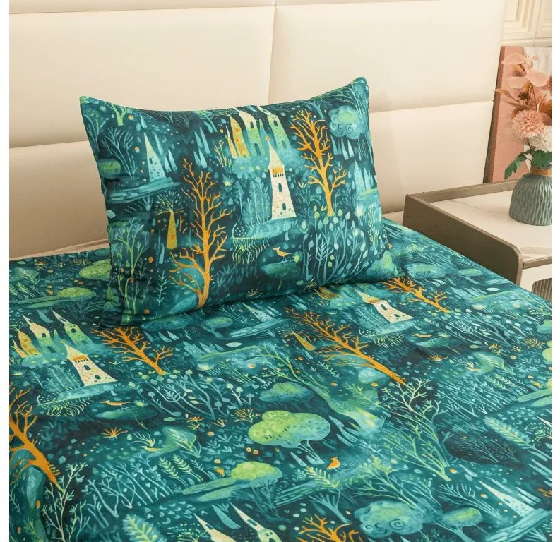 Cearsaf din microfibra 140x240 cm si husa pentru perna 50x70 cm NEON FOREST, colorat