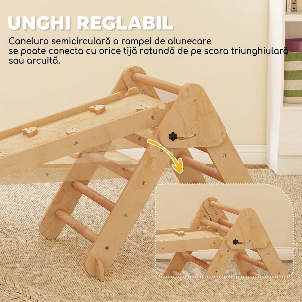AIYAPLAY Joc pentru Copii 5 în 1 cu Triunghi, Tobogan Neted și Arc, din Lemn de Plop și Pin, 188x70x59 cm | Aosom Romania