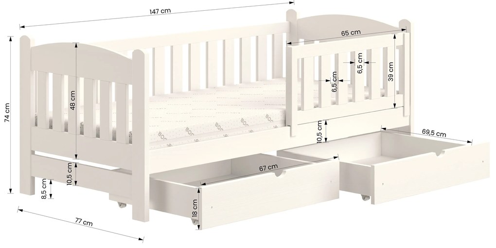 Pat pentru copii din lemn Alvins cu sertare 70x140 - pin