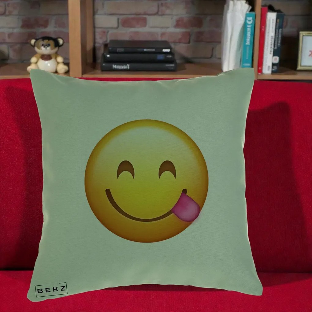 Perna Decorativa Emoji Limba Scoasa, 40x40 cm, Verde, Husa Detasabila, Perna Inclusa, BEKZ®