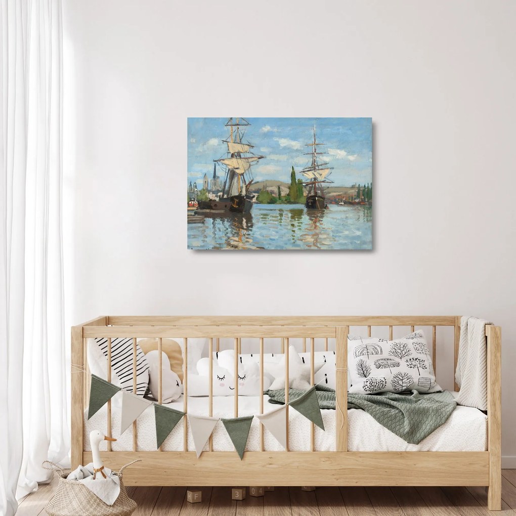 Tablou pe sticlă - Claude Monet, Ships Riding on the Seine at Rouen, reproducere (70x50 cm)