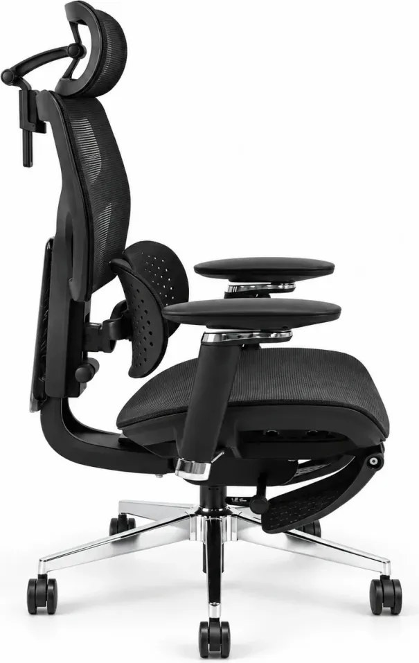 Scaun ergonomic ANEW ARYSE D6, Suport lombar dublu adaptiv 360°, Cotiere 5D, Tetieră 3D, Șezut mesh, Mecanism sensibil la greutate, Bază cromată, Suport pentru picioare, Negru
