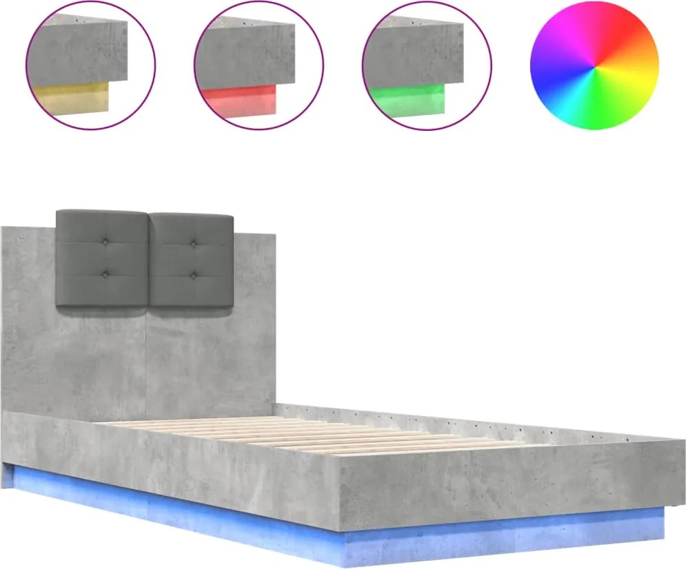 vidaXL Cadru de pat cu tăblie și lumini LED, gri beton, 75x190 cm