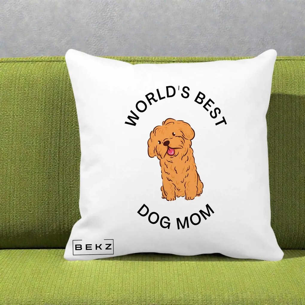 Cadou pentru Iubitorii de Caini - Perna Personalizata World's Best Dog Mom, 40x40 cm, Alba Mata, Husa Detasabila, Perna Inclusa, BEKZ®
