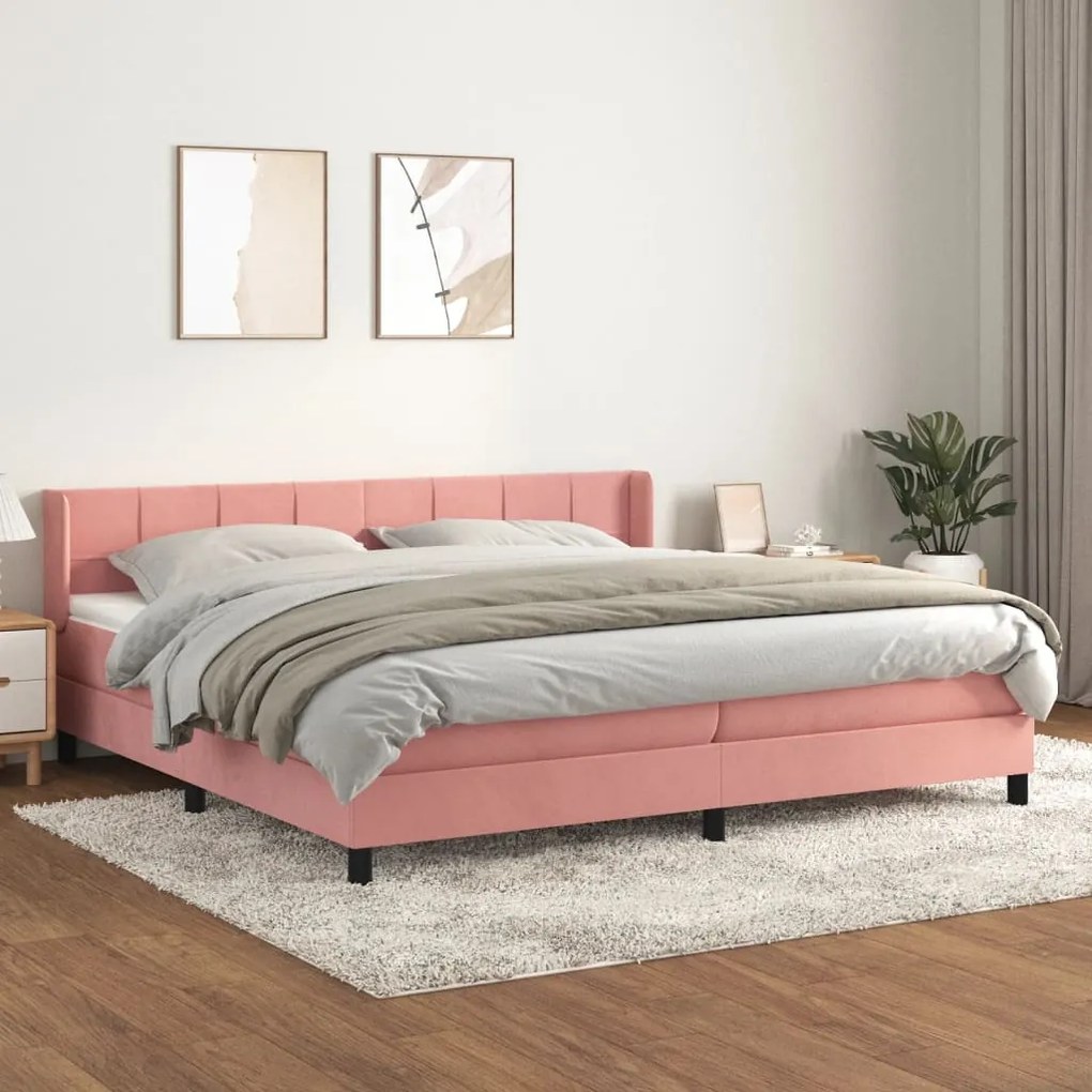 3130984 vidaXL Pat box spring cu saltea, roz, 200x200 cm, catifea