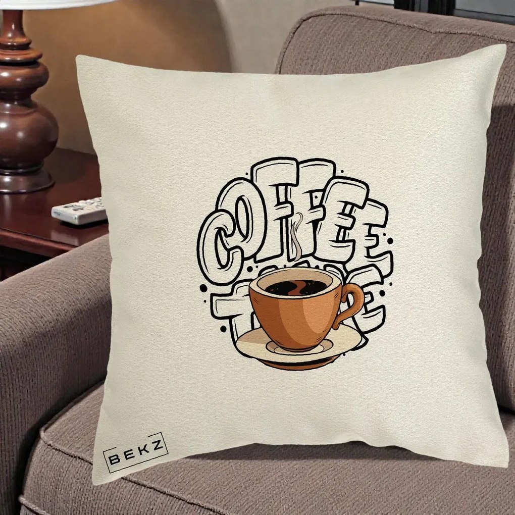 Perna Personalizata COFFEE cu Cana, 40x40 cm, Ecru, Husa Detasabila, Perna Inclusa, BEKZ®