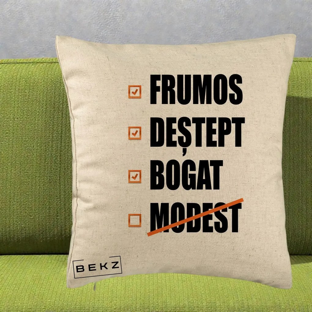 Perna Decorativa Frumos Destept Bogat, 40x40 cm, Bej, Husa Detasabila, Perna Inclusa, BEKZ®