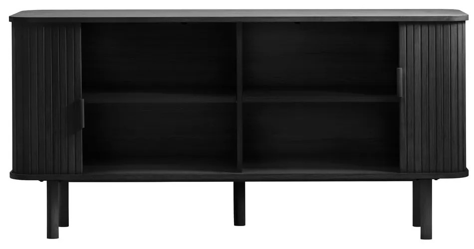 Comodă neagră joasă cu aspect de lemn de stejar cu ușă glisantă 76x160 cm Cavo – Unique Furniture