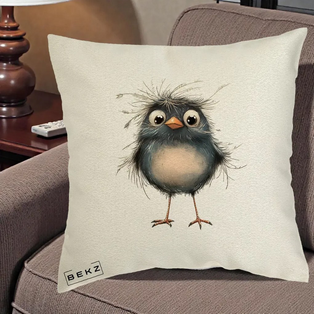 Perna Decorativa Pui Negru Zbarlit cu Pene Fine, 40x40 cm, Ecru, Husa Detasabila, Perna Inclusa, BEKZ®