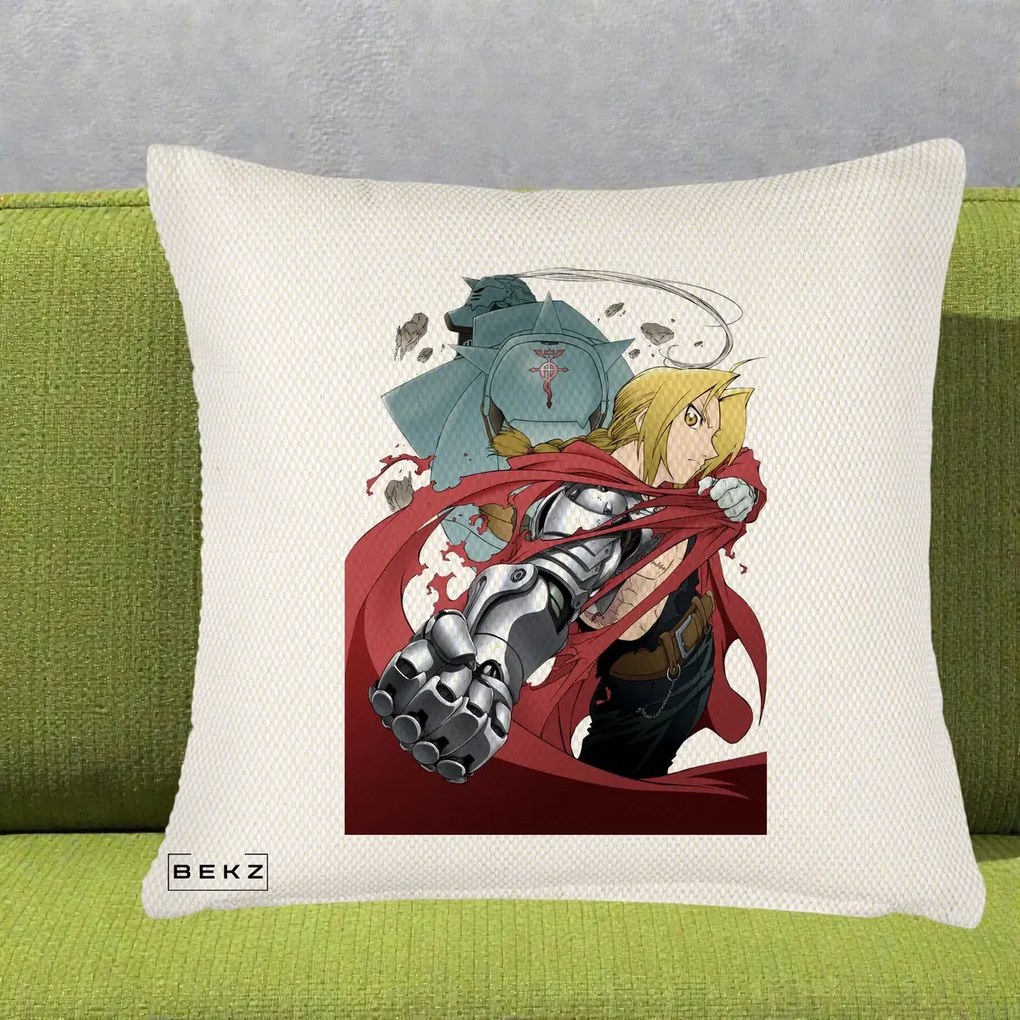 Perna Personalizata Fullmetal Alchemist Brotherhood Edward si Al Poster, 40x40 cm, Crem Reliefat, Husa Detasabila, Perna Inclusa, BEKZ®