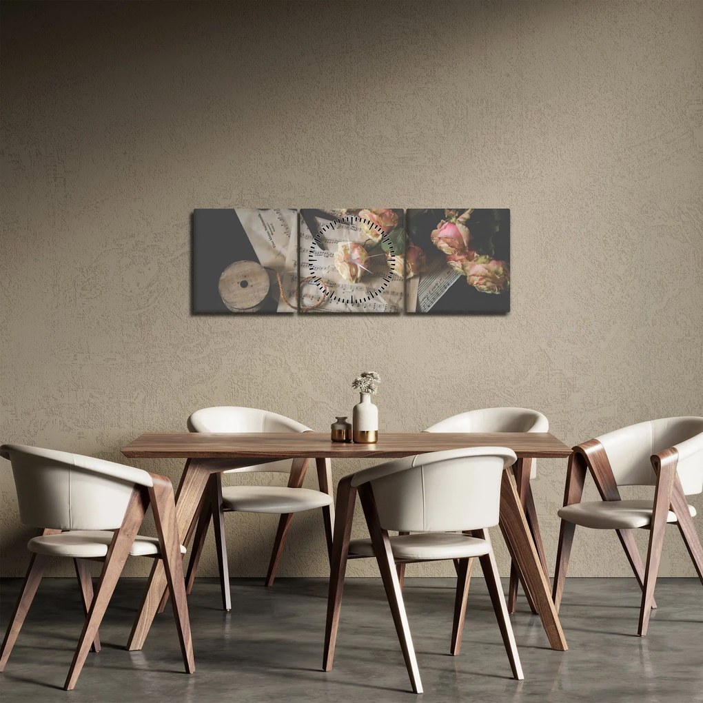 Tablou cu note muzicale și trandafiri (cu ceas) (90x30 cm)