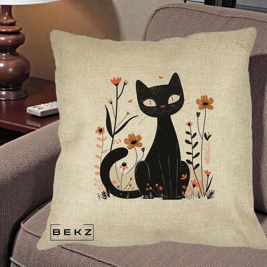 Perna Decorativa Pisica Neagra Flori Pastel Folk, 40x40 cm, Crem, Husa Detasabila, Perna Inclusa, BEKZ®