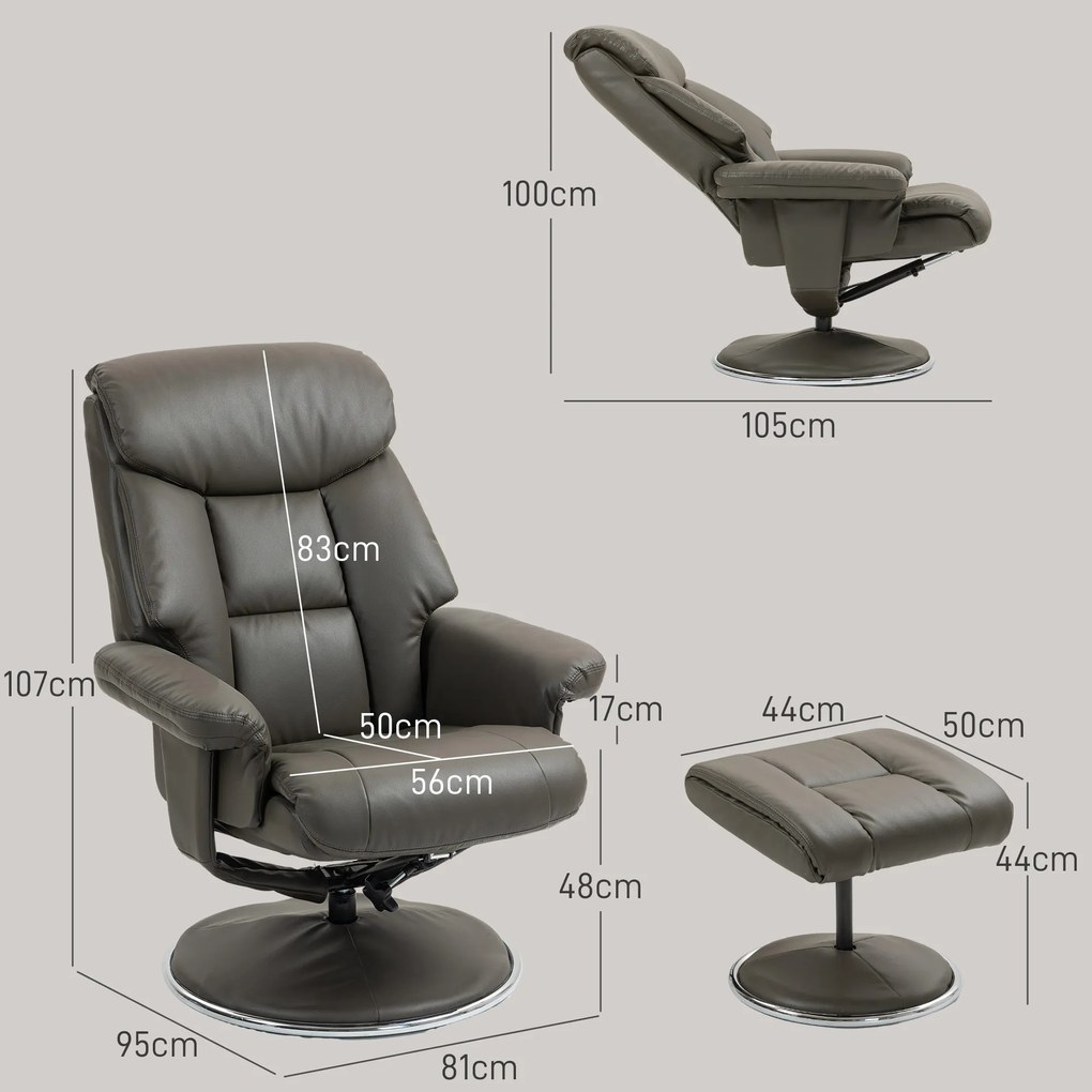HOMCOM Fotoliu de Relaxare cu Taburet, Spătar Reglabil, Piele ecologică, până la 150 kg, Gri | Aosom Romania