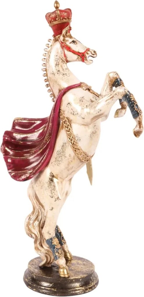 Statuetă decorativă din polirășină, crem și roșu, cal cabrat cu coroană și mantie roșie, finisaj antichizat, 40 x 22 x 11 cm, „Majesté”