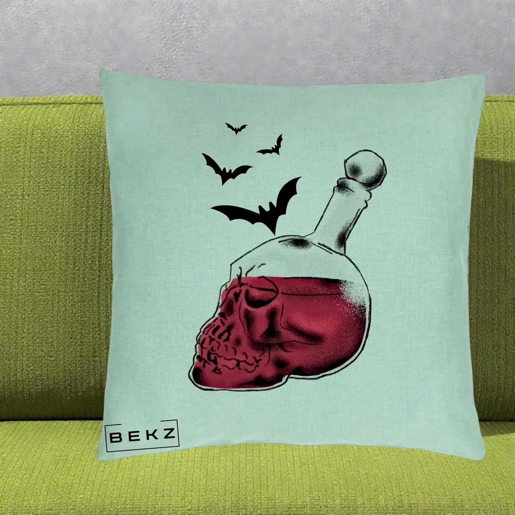 Perna Decorativa Halloween Craniu-Sticla cu Lilieci, 40x40 cm, Verde Menta, Husa Detasabila, Perna Inclusa, BEKZ®