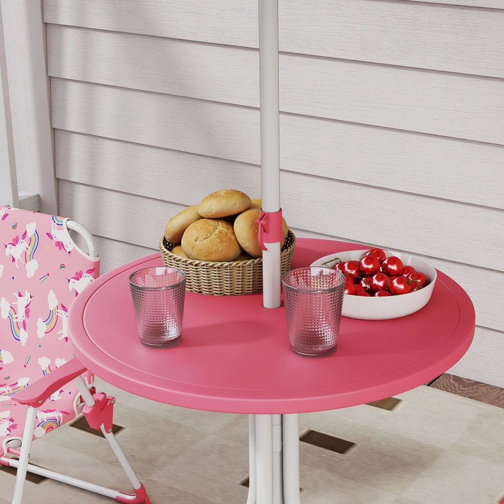 AIYAPLAY Masă de Picnic pentru Copii, Set Masă și Scaune cu 2 Scaune Pliabile și Umbrelă Detasabilă, Temă Junglă, Mobilier de Exterior pentru Grădină, Patio, Roz | Aosom Romania