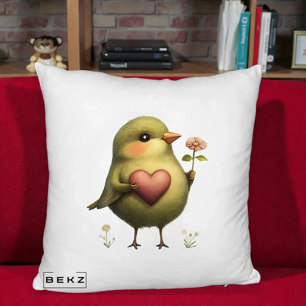 Perna Decorativa Pasare Verde cu Inima si Floare, 40x40 cm, Alb Pufos, Husa Detasabila, Perna Inclusa, BEKZ®