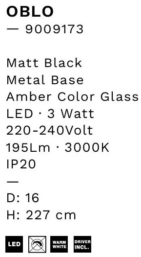Pendul LED modern, Metal, Sticla, Chihlimbar, OBLO